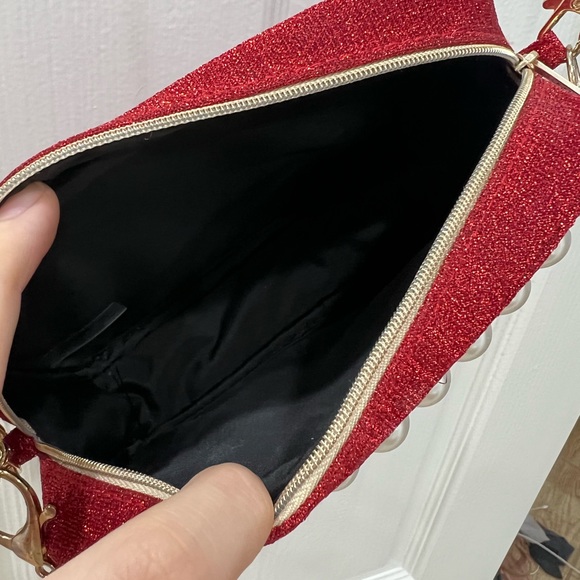 NEW Chanel red sparkly pouch crossbody with Pearl top handle - Picture 10 of 14